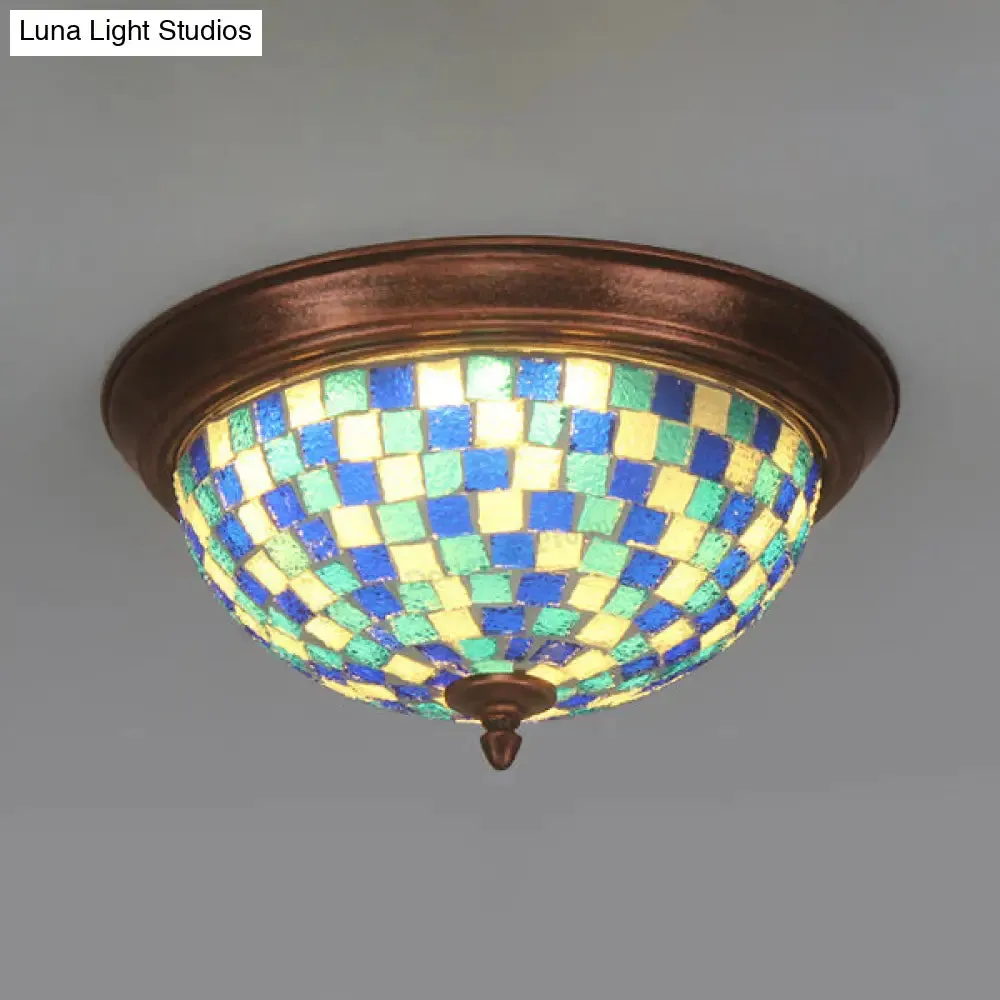 Lodge Stained Glass Bowl Ceiling Light Fixture - 1 Bulb Flushmount in Blue & White