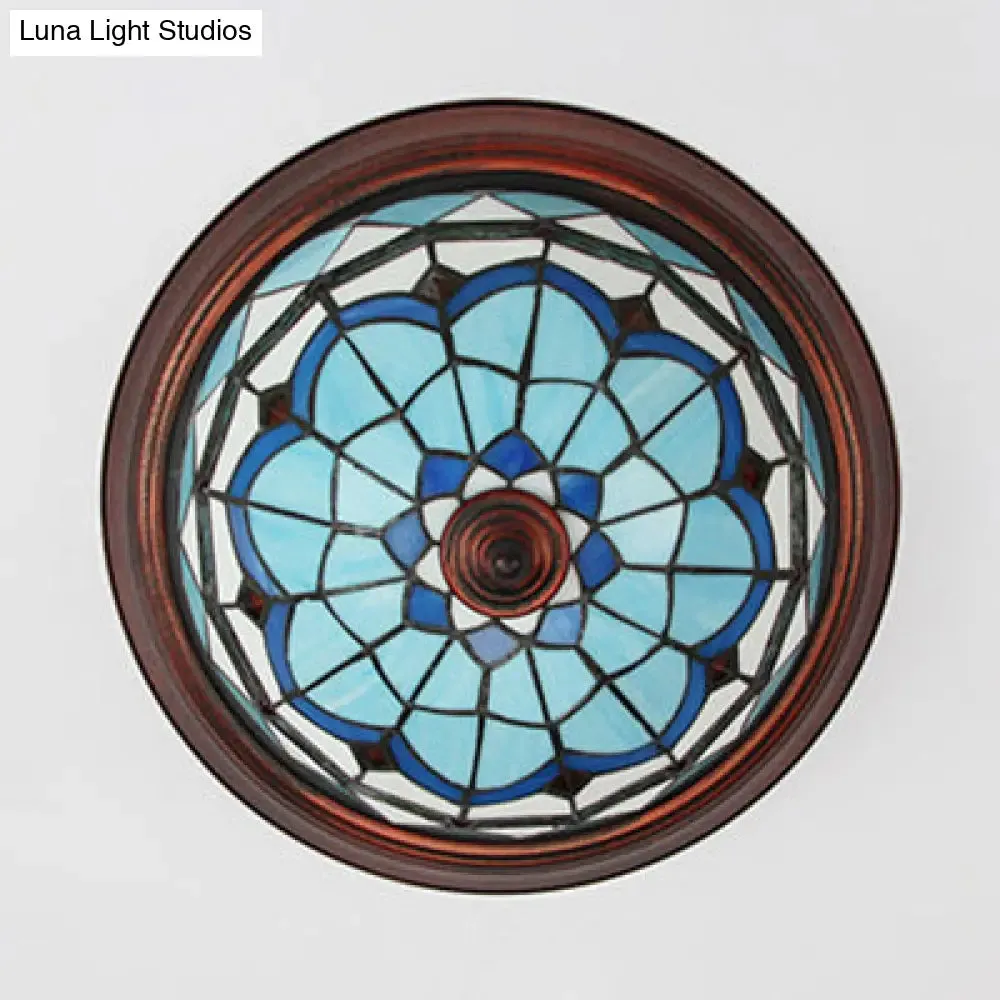 Lodge Stained Glass Bowl Ceiling Light Fixture - 1 Bulb Flushmount in Blue & White