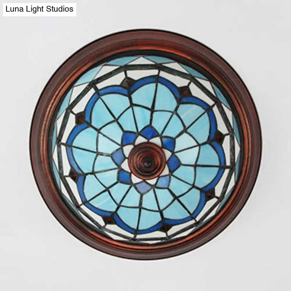 Lodge Stained Glass Bowl Ceiling Light Fixture - 1 Bulb Flushmount in Blue & White