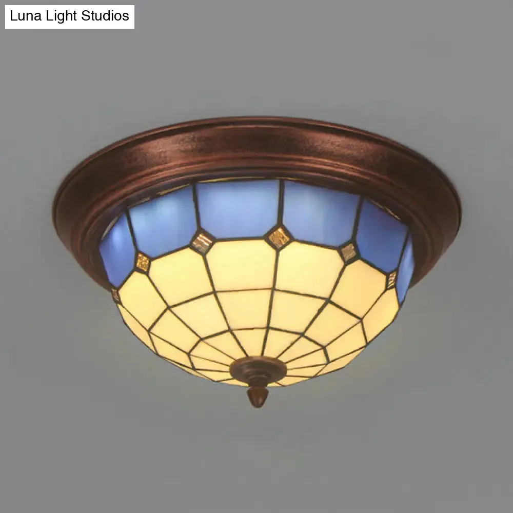 Lodge Stained Glass Bowl Ceiling Light Fixture - 1 Bulb Flushmount in Blue & White