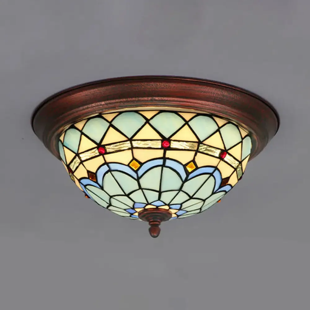 Lodge Stained Glass Bowl Ceiling Light Fixture - 1 Bulb Flushmount in Blue & White