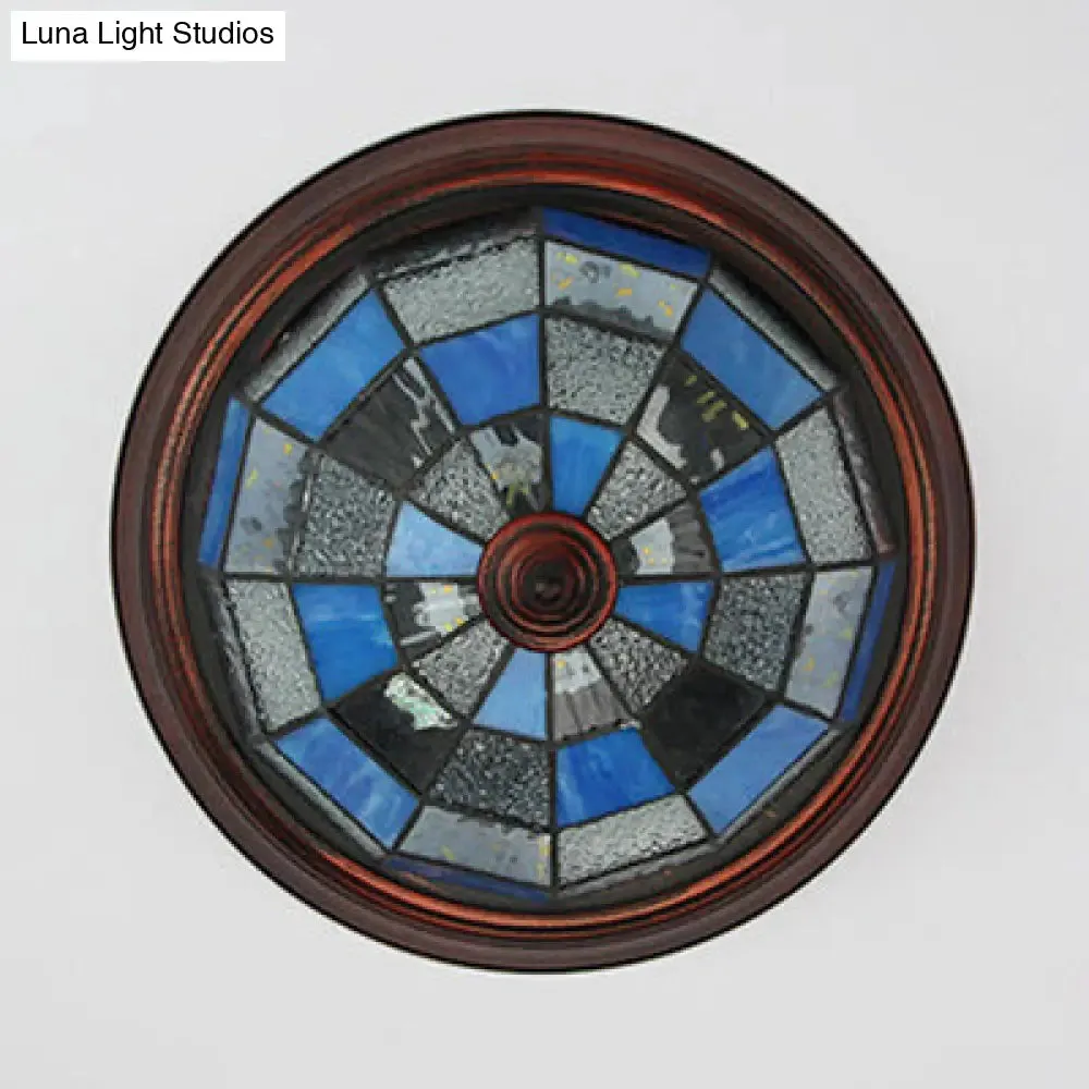 Lodge Stained Glass Bowl Ceiling Light Fixture - 1 Bulb Flushmount in Blue & White