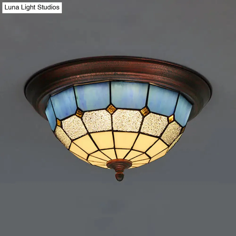 Lodge Stained Glass Bowl Ceiling Light Fixture - 1 Bulb Flushmount in Blue & White