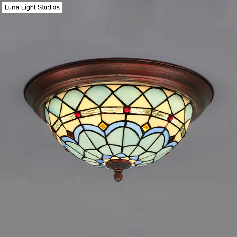 Lodge Stained Glass Bowl Ceiling Light Fixture - 1 Bulb Flushmount in Blue & White