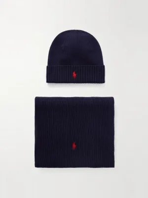 Logo-embroidered ribbed wool scarf and beanie set