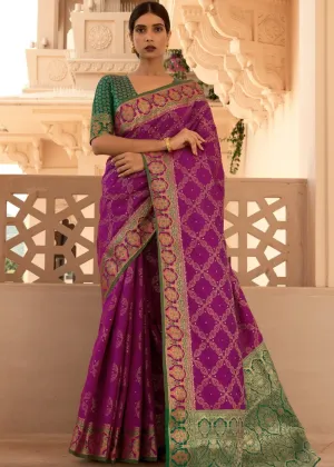 Lollipop Purple Woven Soft Banarasi Silk Saree with Contrast Pallu & Blouse