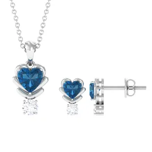 London Blue Topaz and Moissanite Minimal Heart Jewelry Set