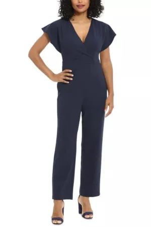 London Times Batwing V-Neck Side-Pocket Zipper Back Jumpsuit