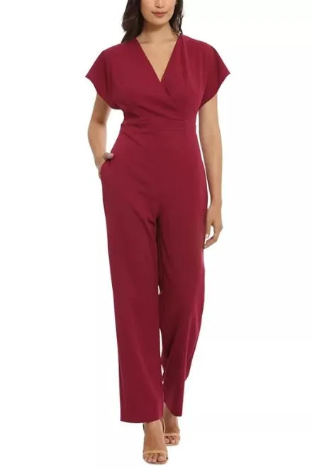 London Times Batwing V-Neck Side-Pocket Zipper Back Jumpsuit