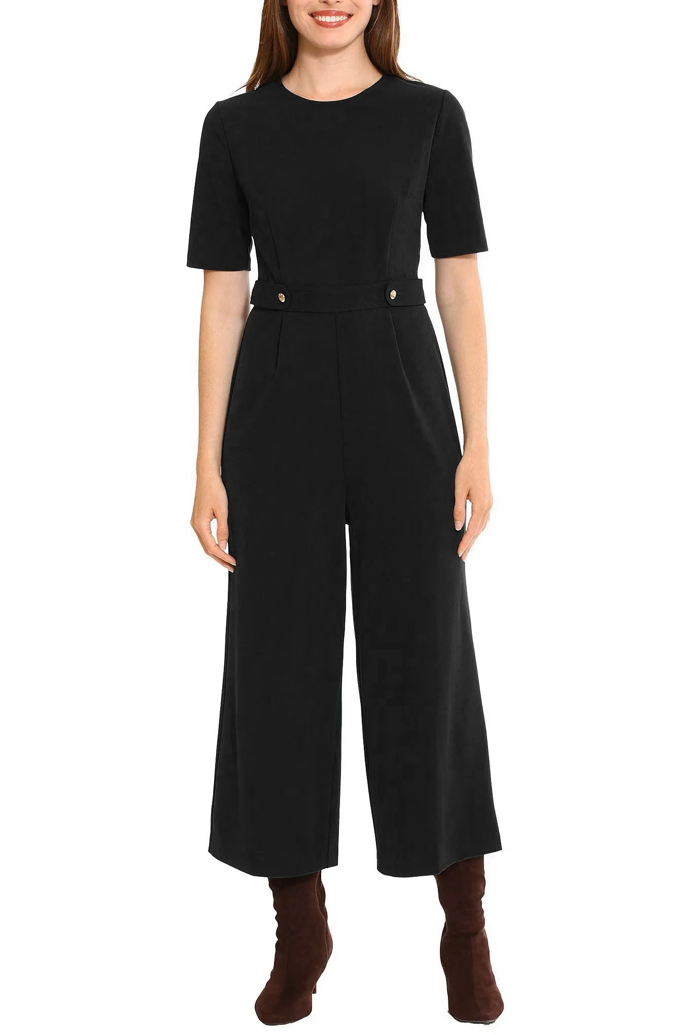 London Times Crew Neck Short Sleeve Zipper Closure Straight Leg Scuba Crepe Jumpsuit