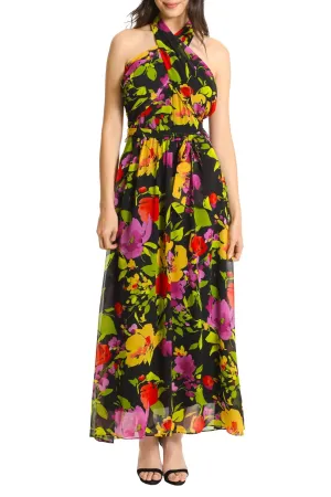 London Times Crossed Neck Sleeveless Tie Waist Floral Chiffon Dress