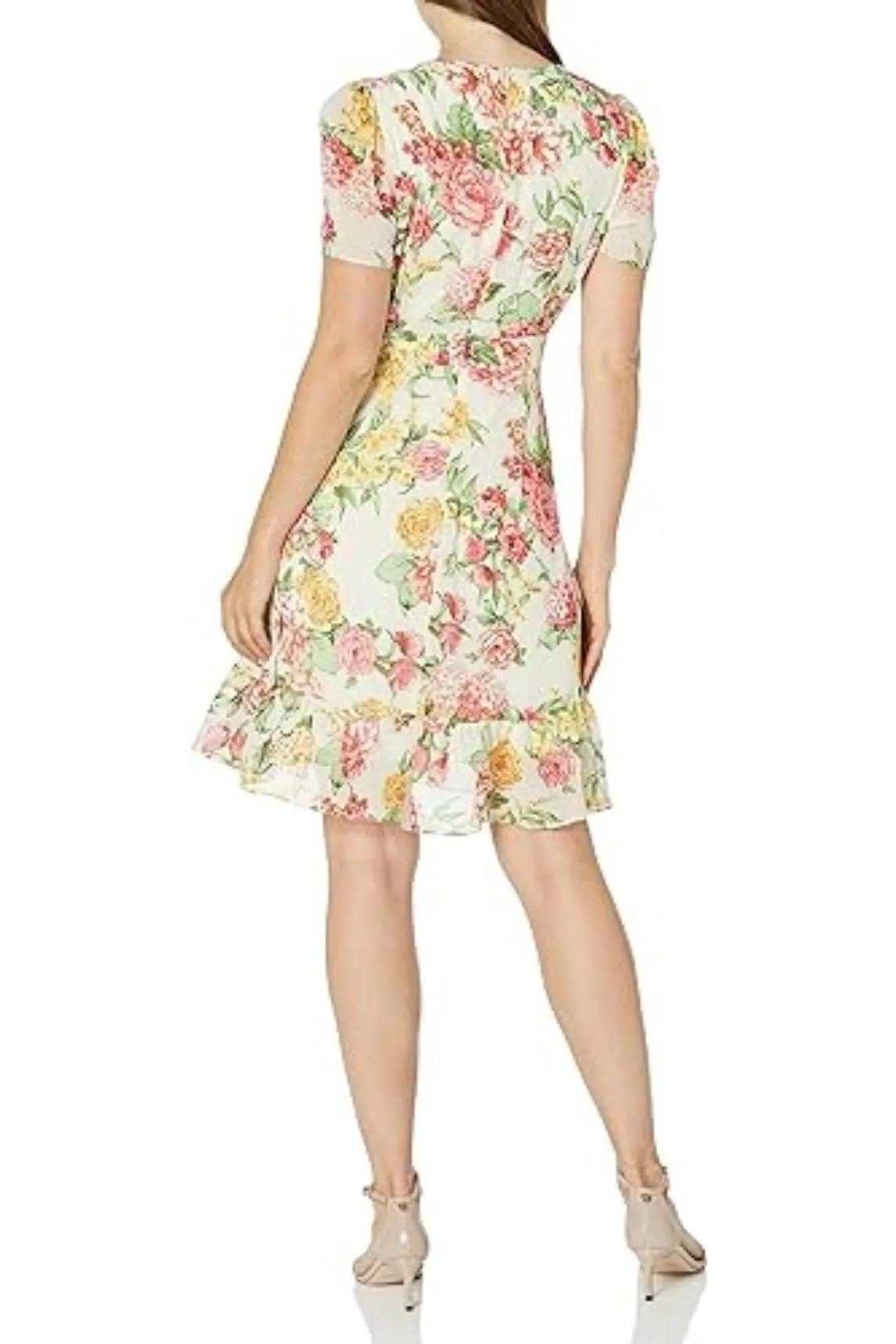 London Times Faux Wrap Chiffon Dress with Ruffle Skirt