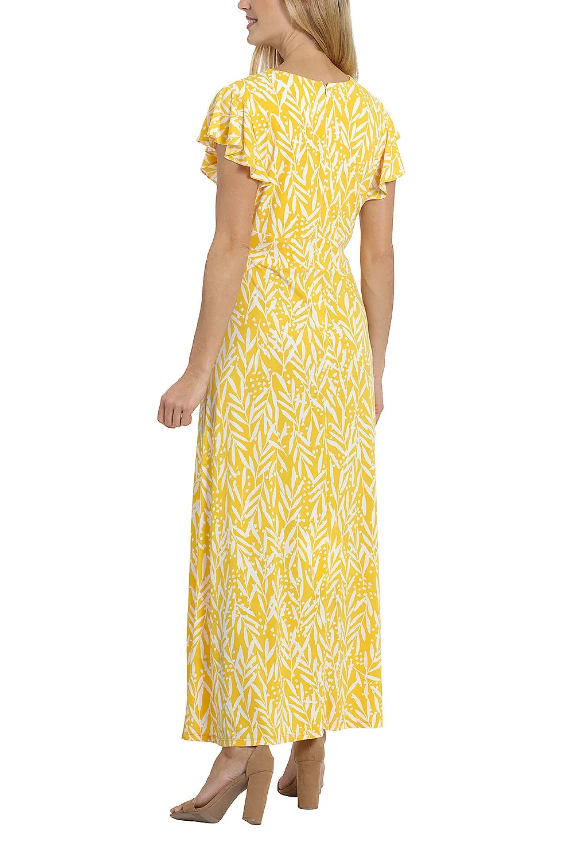 London Times Ruffled Short Sleeve V-Neck Printed Matte Jersey Maxi Dress