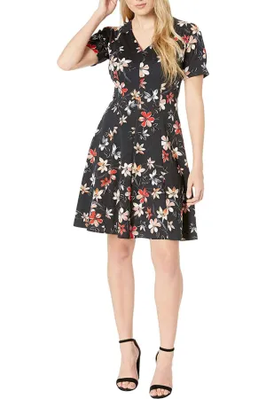 London Times V-Neck Short Sleeve Zipper Back Floral Print Jacquard Dress