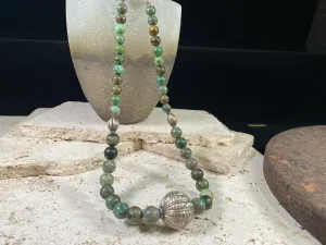 Long African Turquoise Silver Bead Necklace