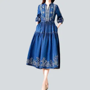 Long boho embroidered denim dress