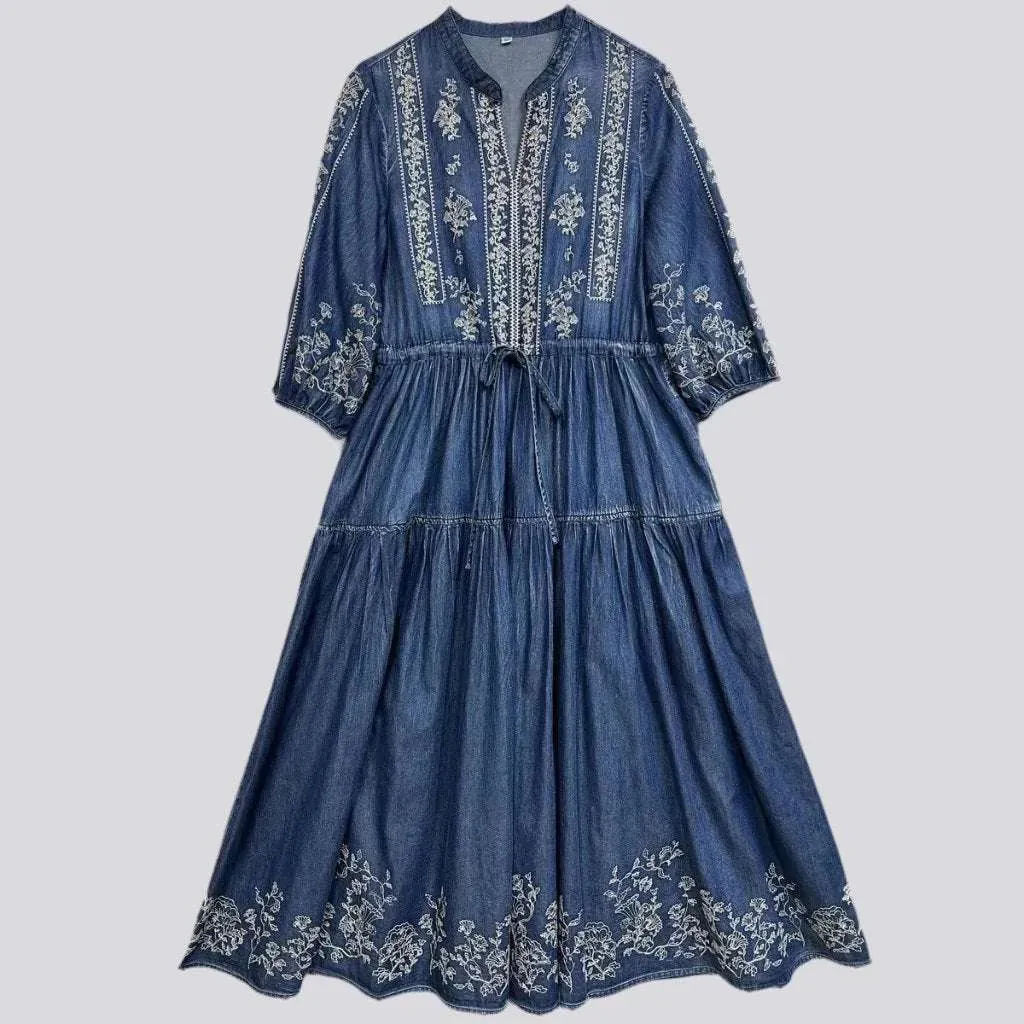 Long boho embroidered denim dress