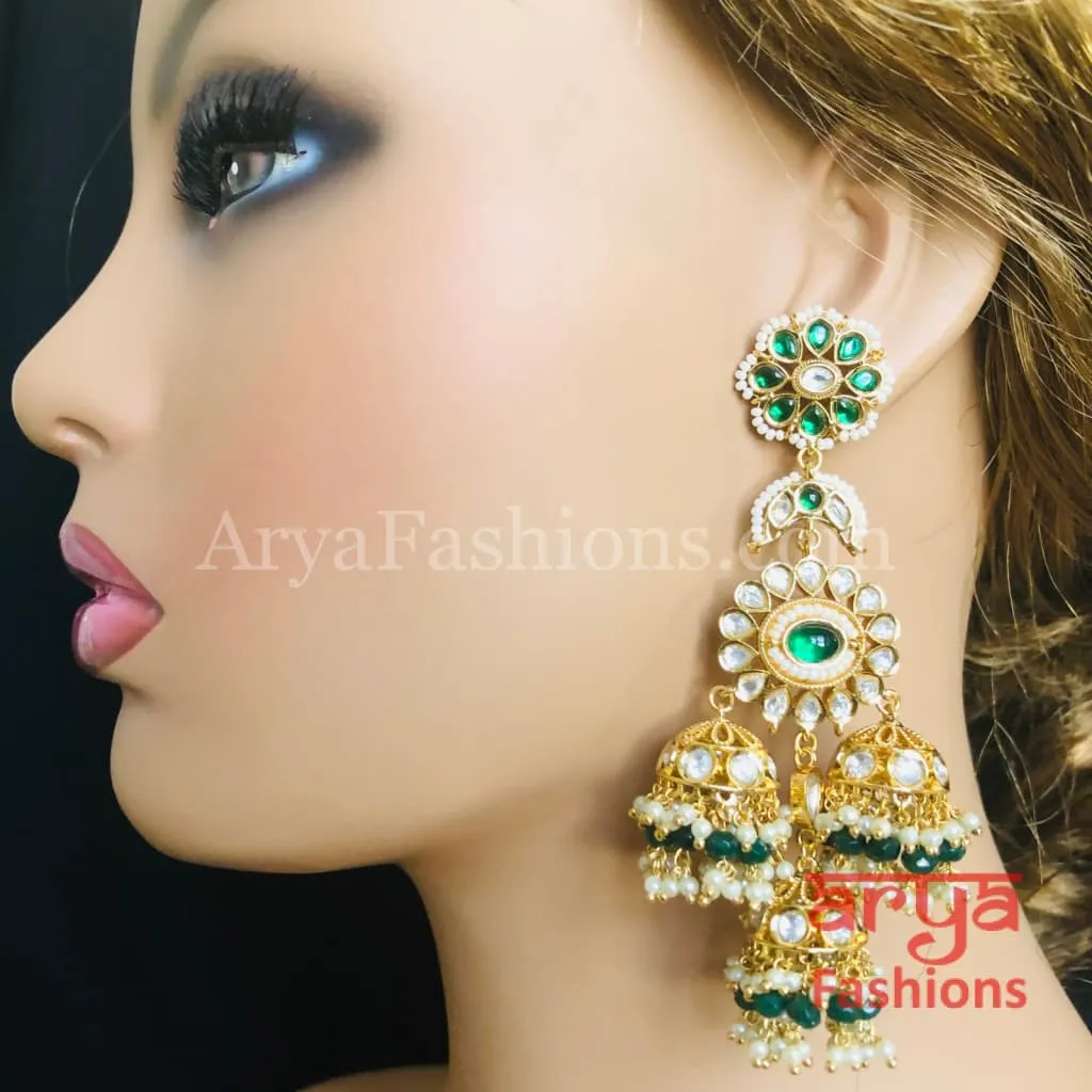 Long Bridal Pacchi Kundan Jhumka Earrings/ Indian Traditional Kundan Earrings