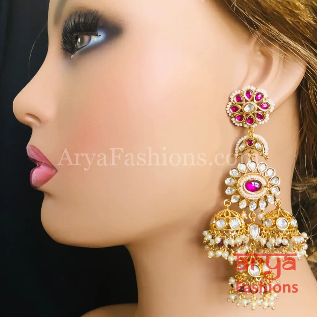 Long Bridal Pacchi Kundan Jhumka Earrings/ Indian Traditional Kundan Earrings