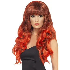 Long Curly Red and Black Wig with Fringe