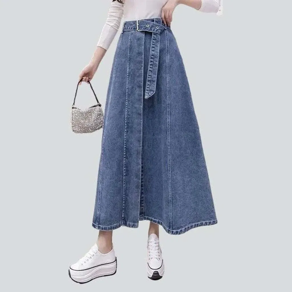 Long denim skirt with belt