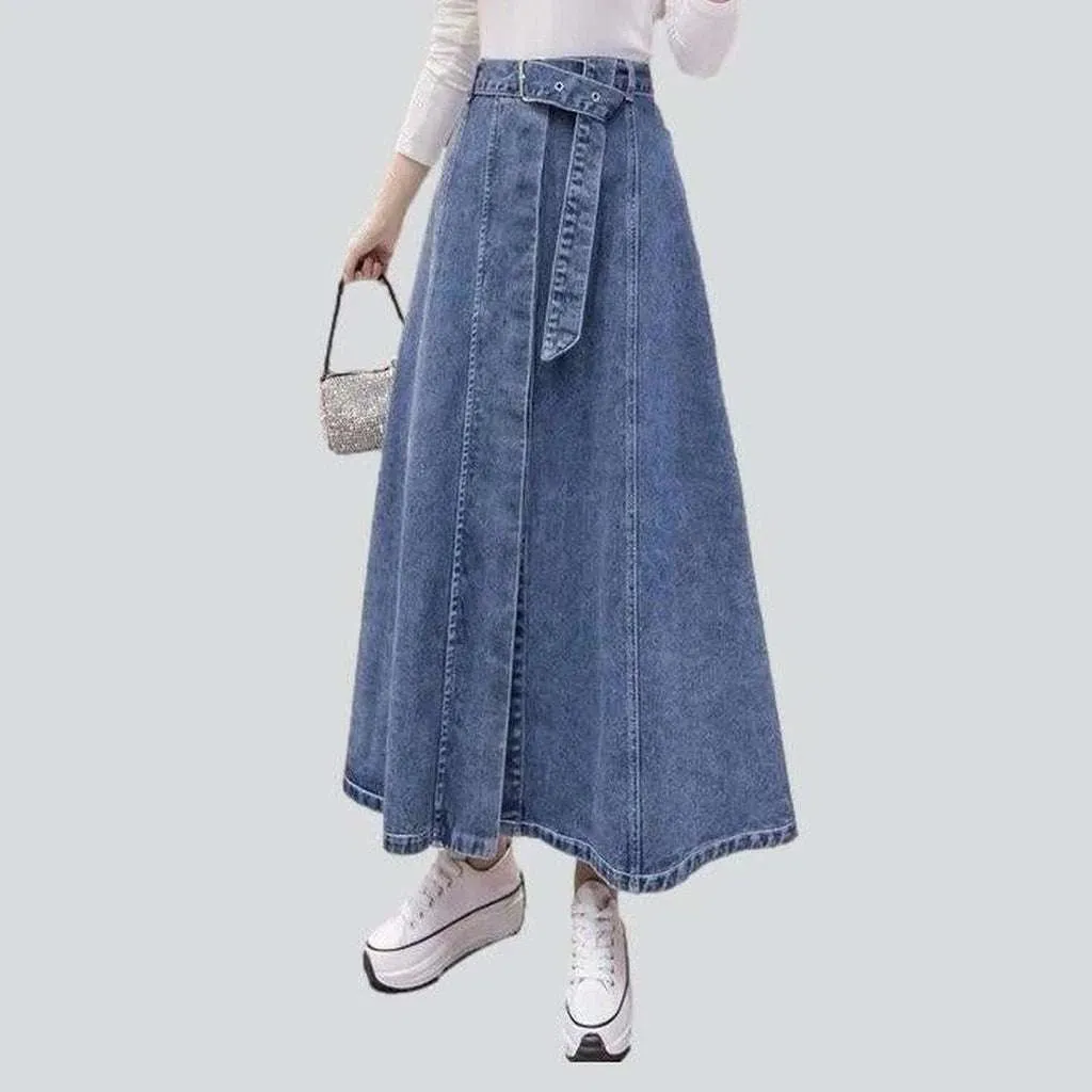 Long denim skirt with belt