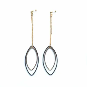 Long gold and black oval hoop invisible clip on earrings