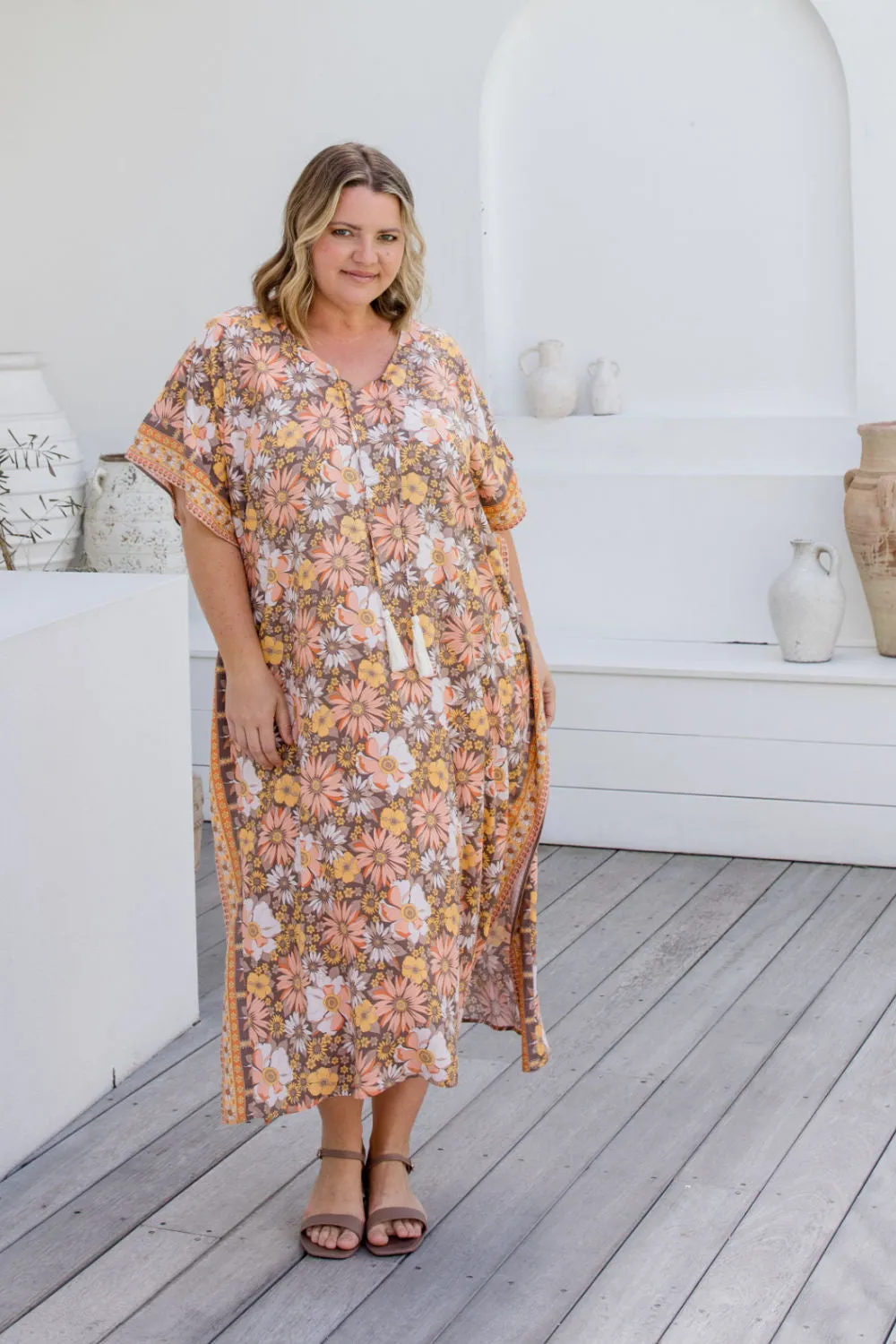 Long Kaftan Dress - Peach Floral