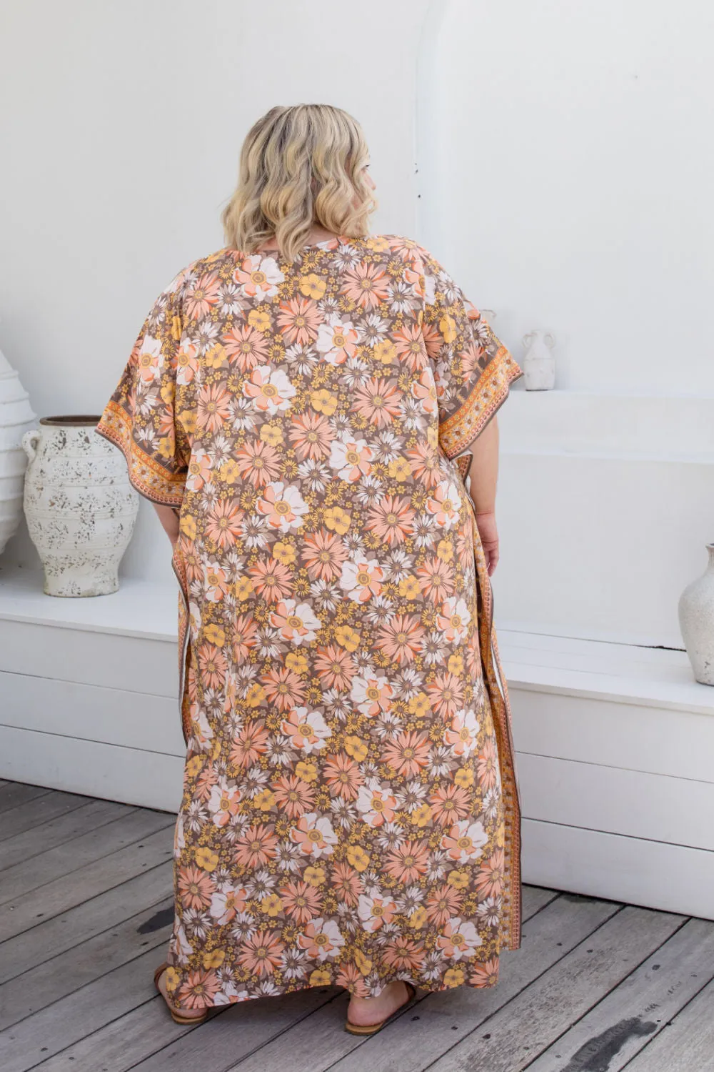 Long Kaftan Dress - Peach Floral