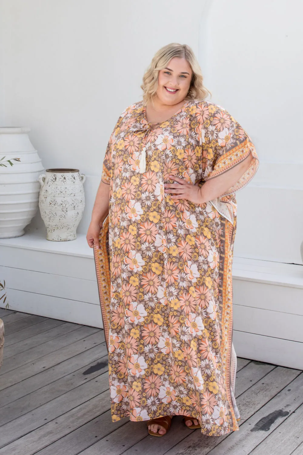 Long Kaftan Dress - Peach Floral