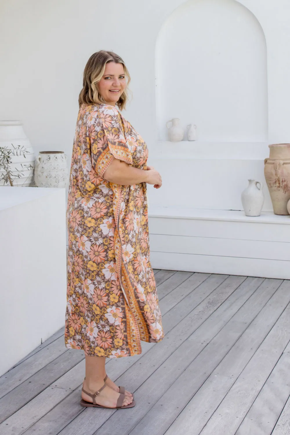 Long Kaftan Dress - Peach Floral