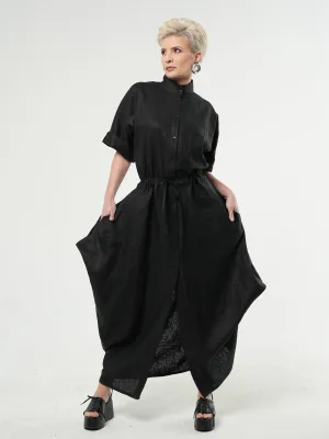 Long Linen Shirt Dress in Black