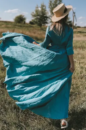 Long Linen Summer Dress with Tie Belt