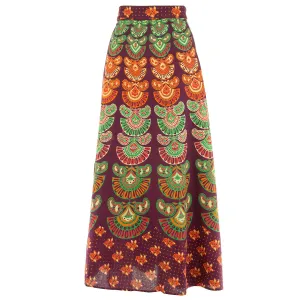 Long Maxi Wrap Skirt with Block Print Mandala - Plum & Emerald Green