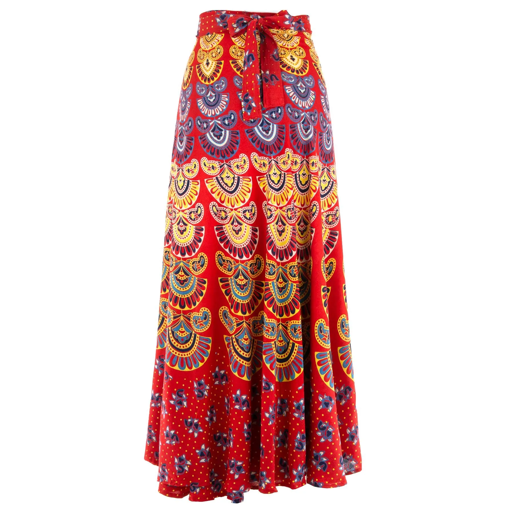 Long Maxi Wrap Skirt with Block Print Mandala - Red & Blue