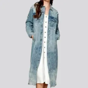 Long pearl denim jacket
 for women