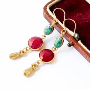 Long Ruby and Turquoise Gemstone Earrings - WS