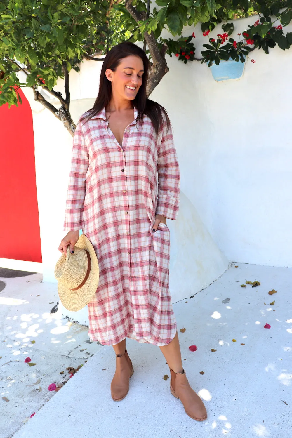 Long Shirt Dress in Red Check