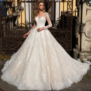 Long Sleeve A-Line Sexy Illusion Lace Wedding Dresses Elegant  Appliques Court Bridal Gown