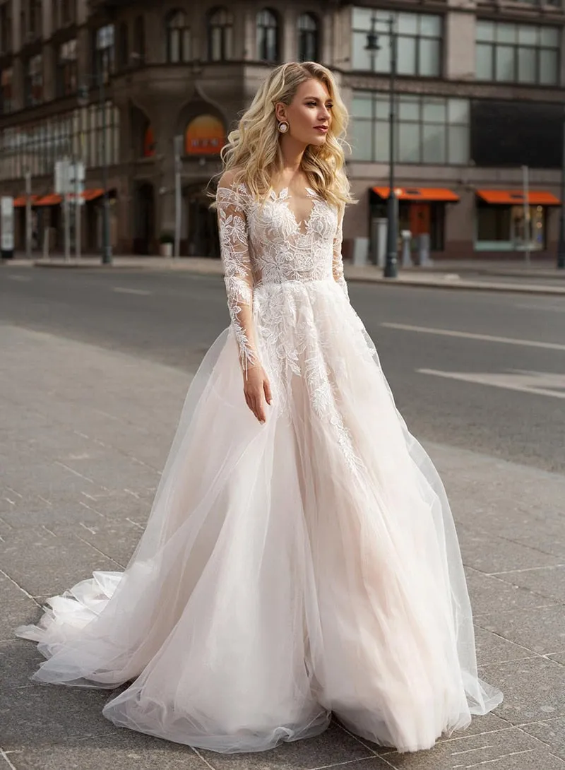 Long Sleeve Boho V Neck Ivory Bridal Dress