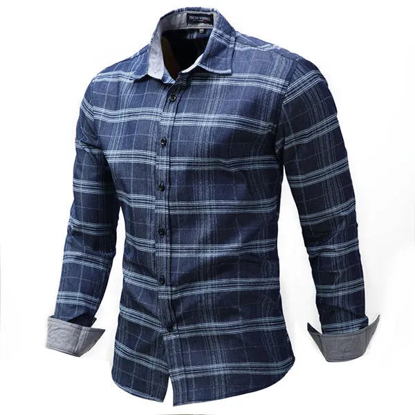 Long Sleeve Checked Shirt for Men Blue Pure Cotton Loose