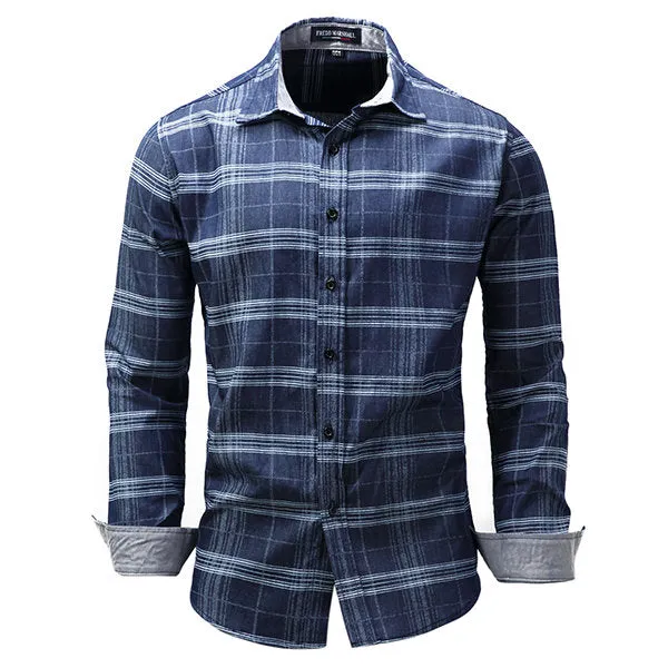 Long Sleeve Checked Shirt for Men Blue Pure Cotton Loose