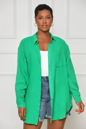 Long Sleeve Linen Button Down Top (Green)- FINAL SALE