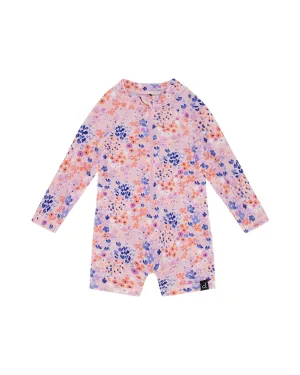 Long Sleeve One Piece Rashguard Lavender Printed Fields Flowers