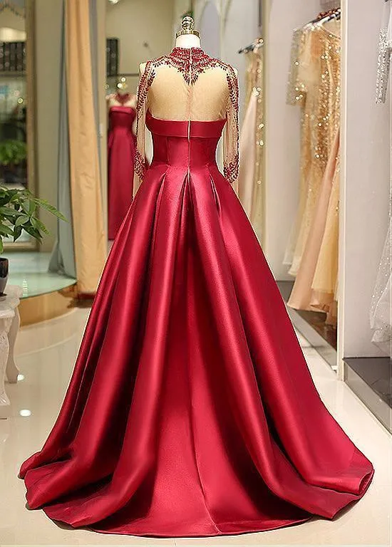 Long Sleeve Prom Dresses High Neck Burgundy Long Prom Dress   PSK002