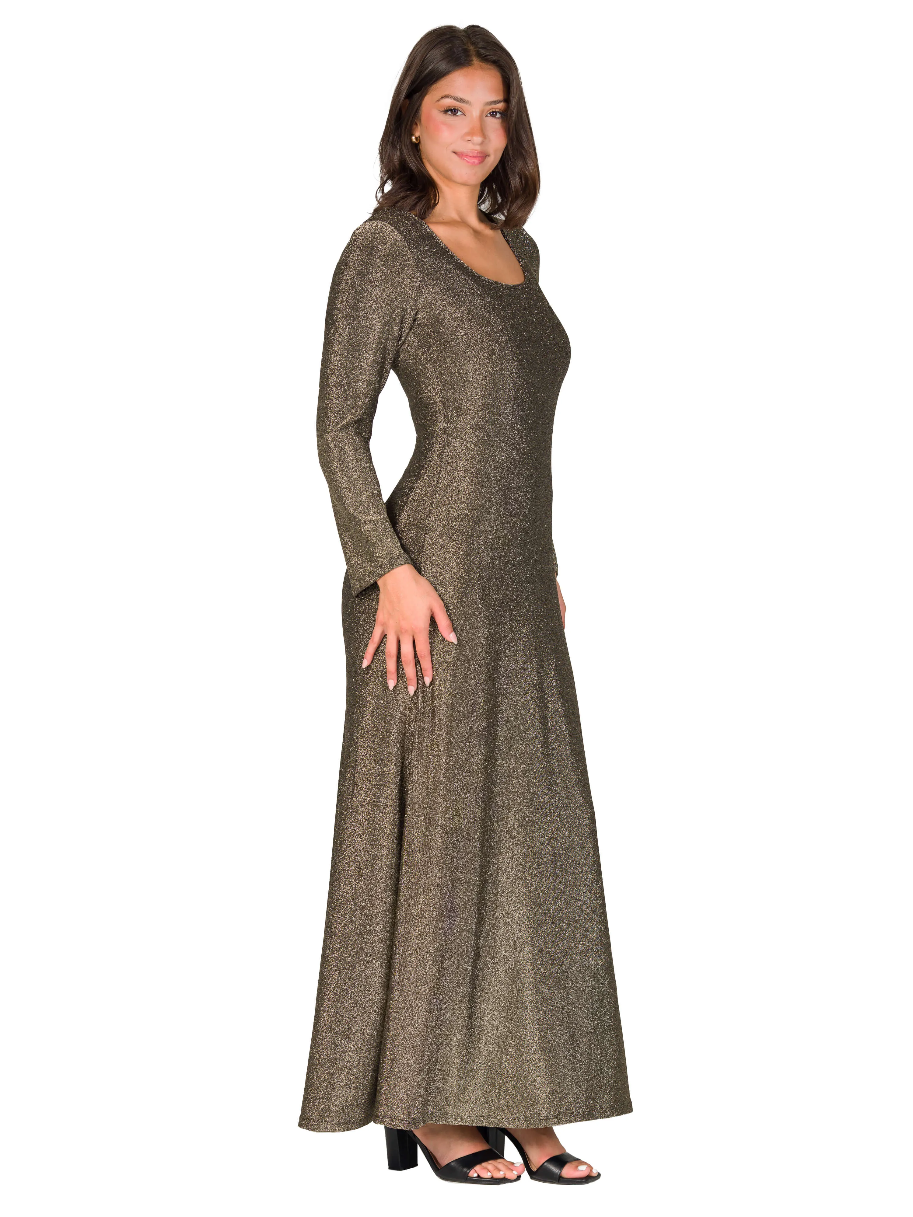 Long Sleeve Scoop Neck Shimmery Fabric Maxi Dress