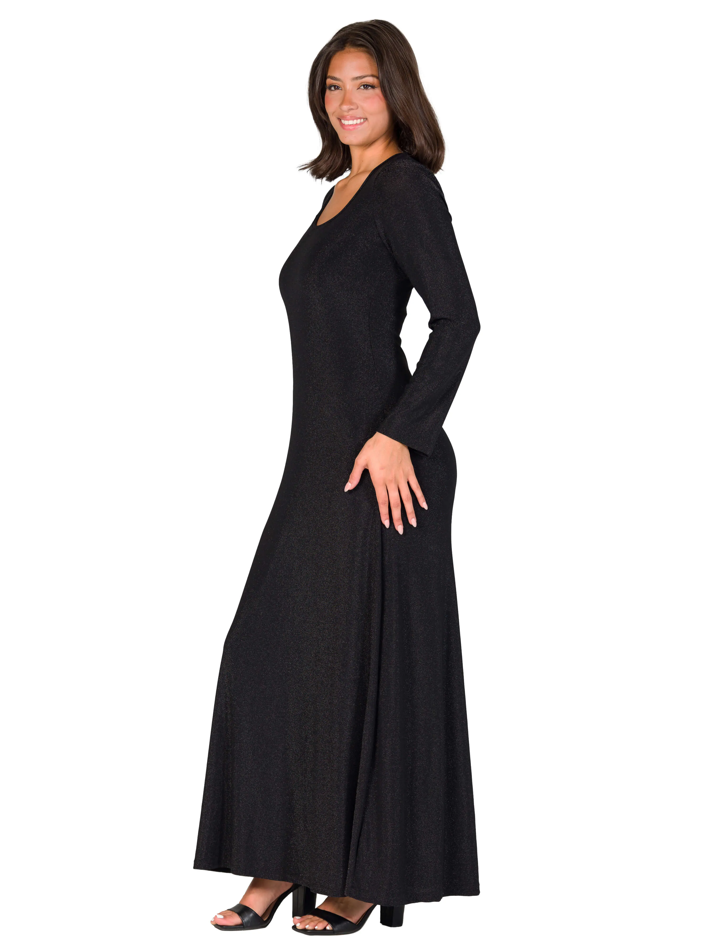 Long Sleeve Scoop Neck Shimmery Fabric Maxi Dress