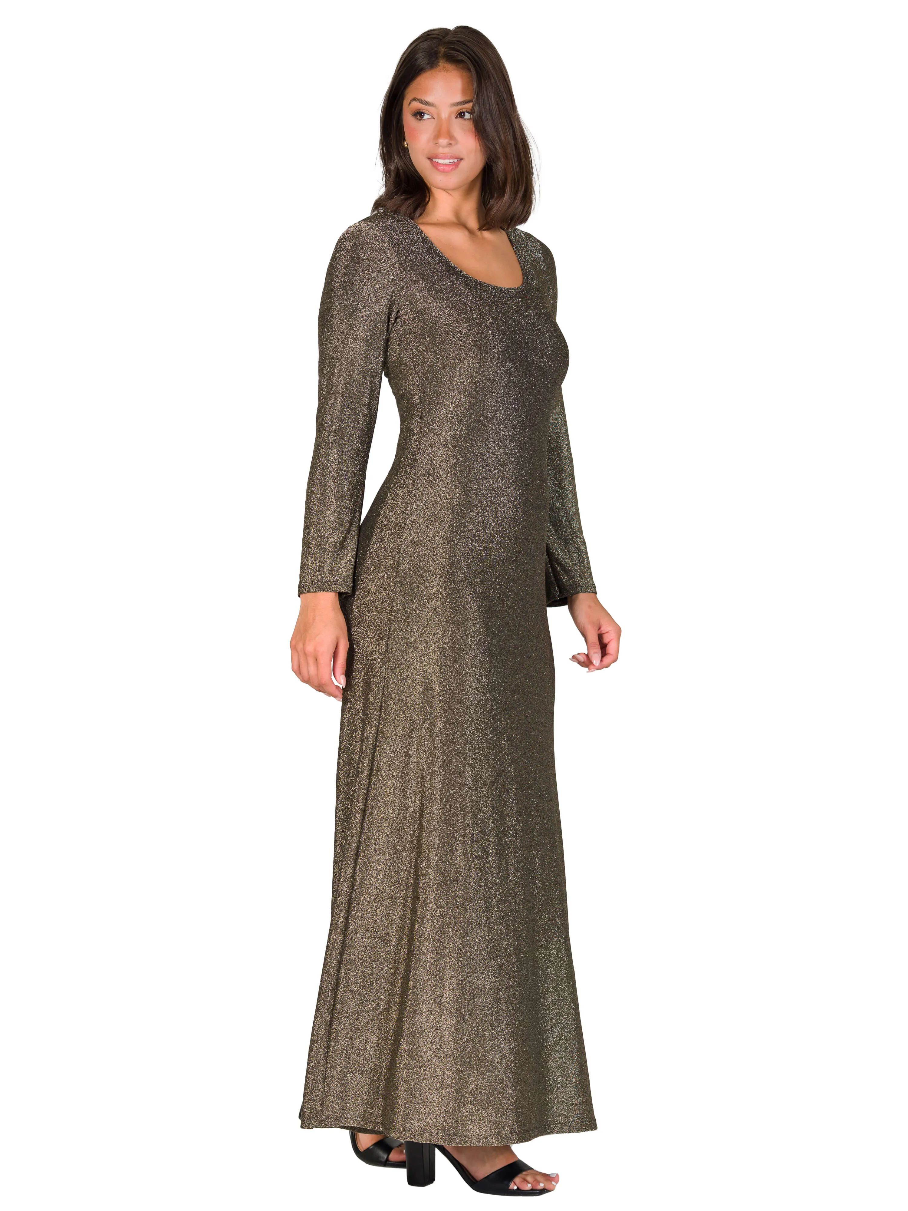 Long Sleeve Scoop Neck Shimmery Fabric Maxi Dress