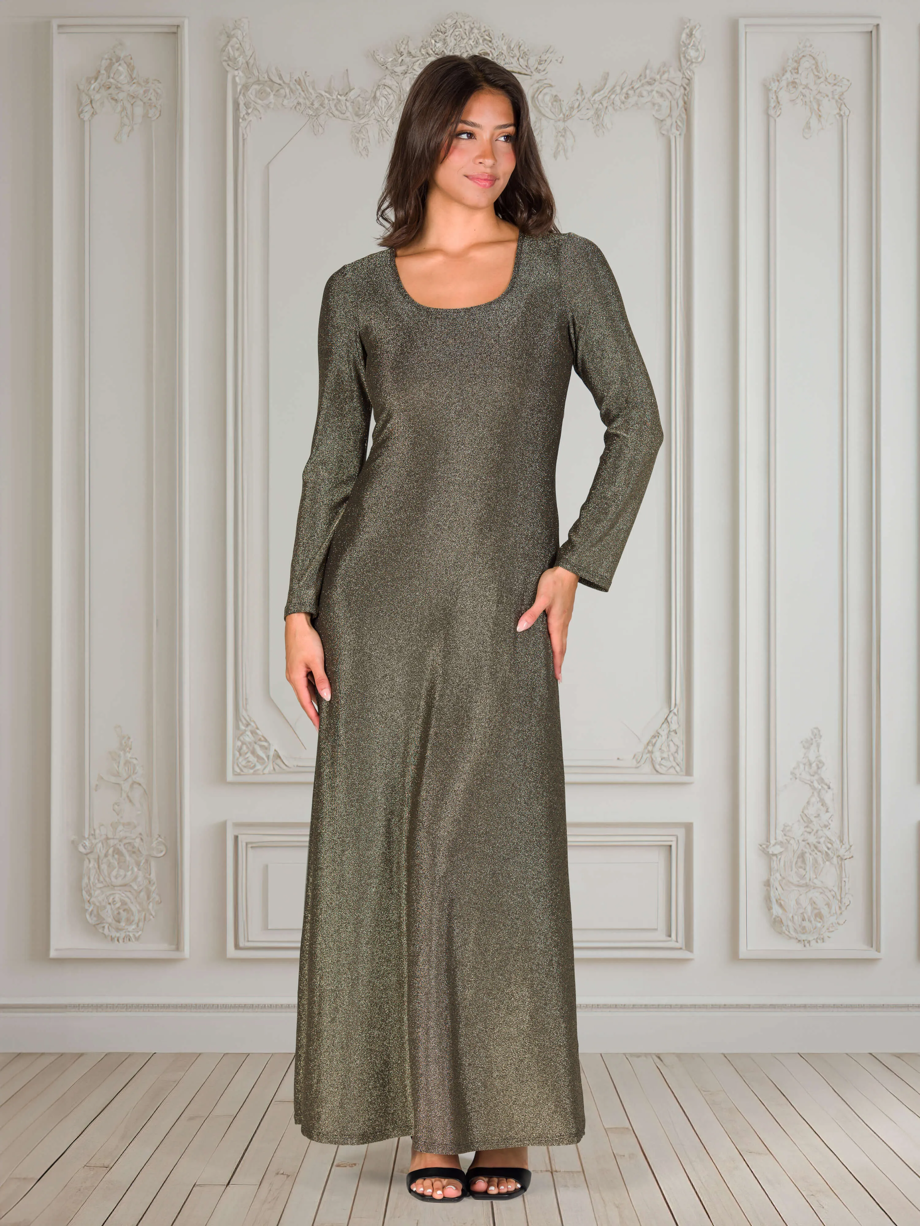 Long Sleeve Scoop Neck Shimmery Fabric Maxi Dress