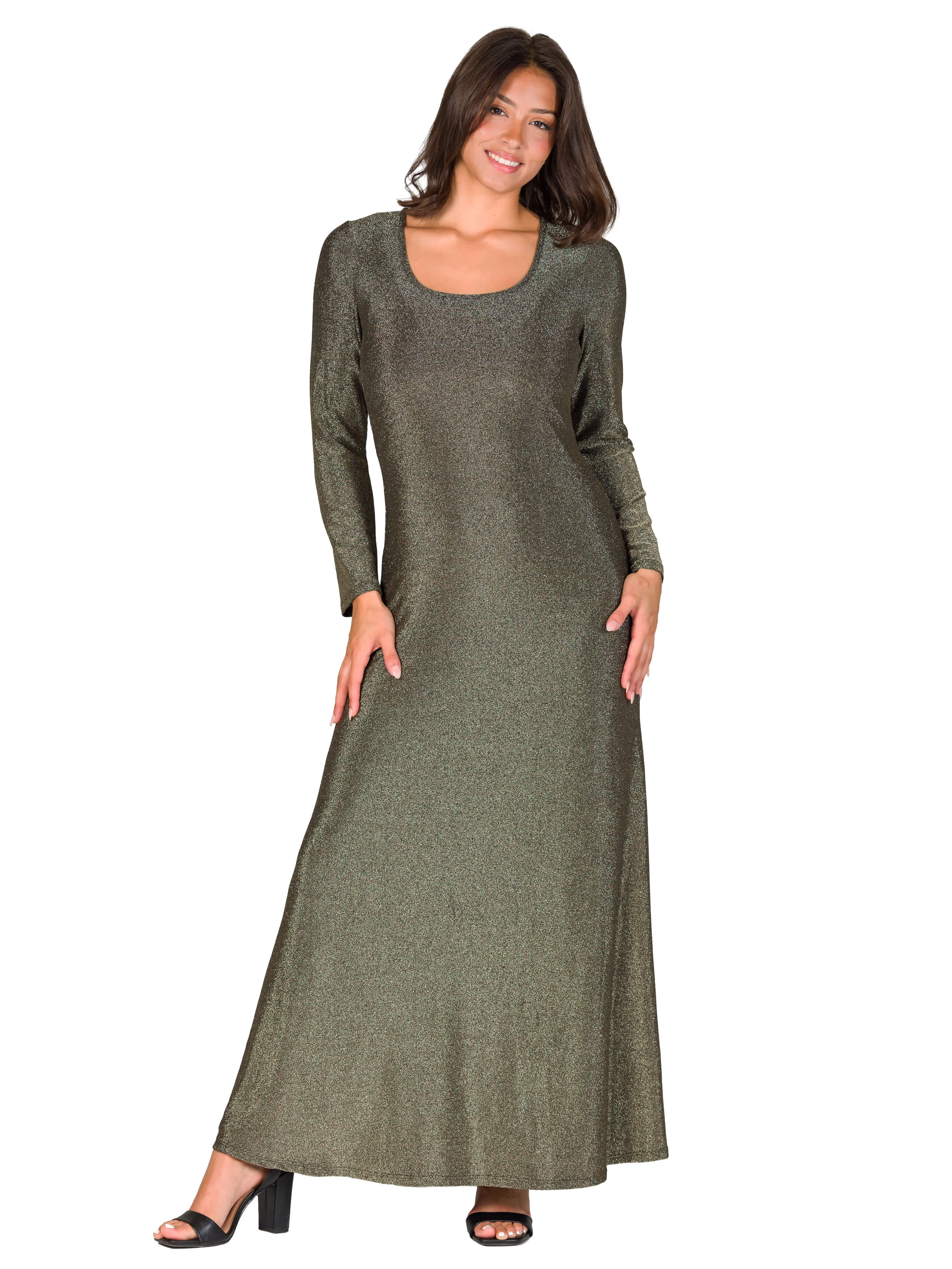 Long Sleeve Scoop Neck Shimmery Fabric Maxi Dress